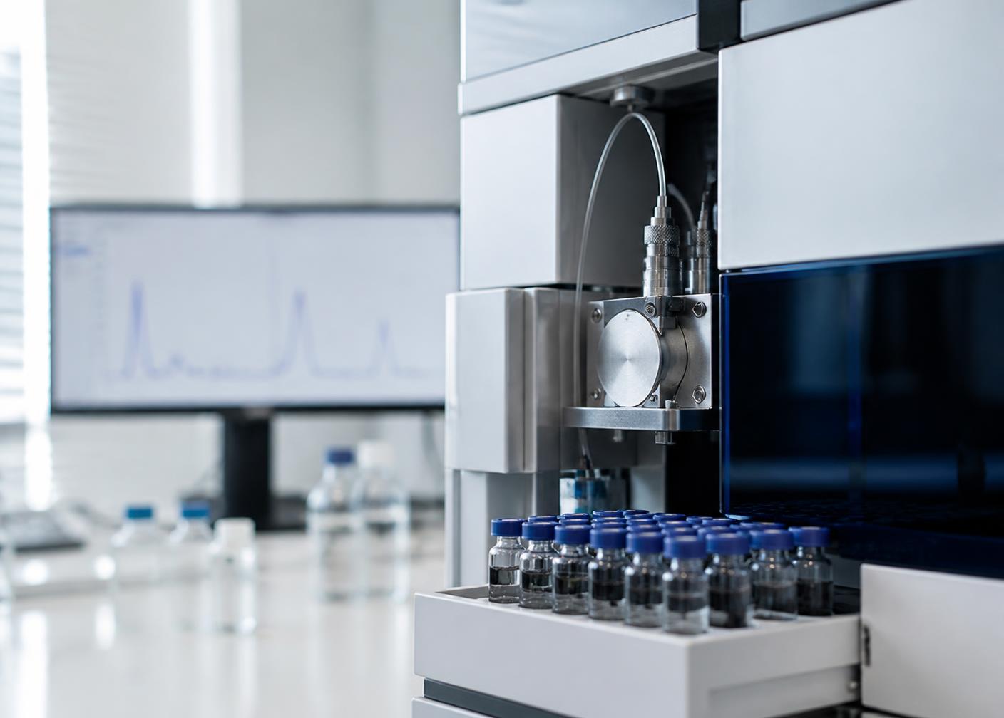 Analytical laboratory bench with a chromatography system and sample vial tray
