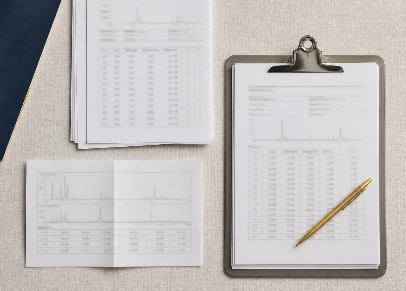 Printed analytical report pages, a folded chromatogram and a steel clipboard on a linen surface